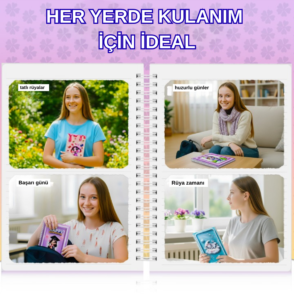 A5 Boyutunda Parlak Yüzeyli 3 Boyutlu Spiralli Defter 3'lü Koleksiyon mezuniyet kızı , pere kız , pembe tavşan