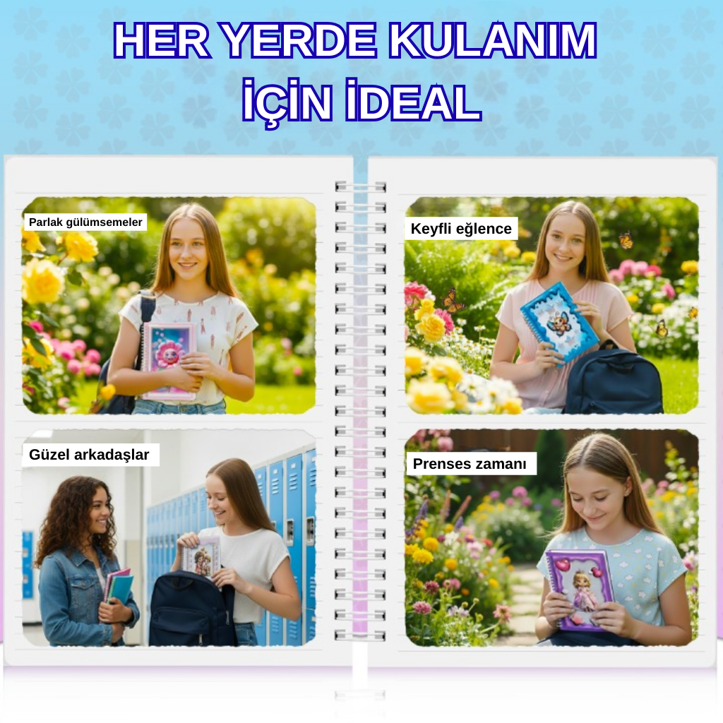 A5 Boyutunda Parlak Yüzeyli 3 Boyutlu Spiralli Defter 3'lü Koleksiyon deniz canlıları , baykuşlu su dalgası , sevimli aslan