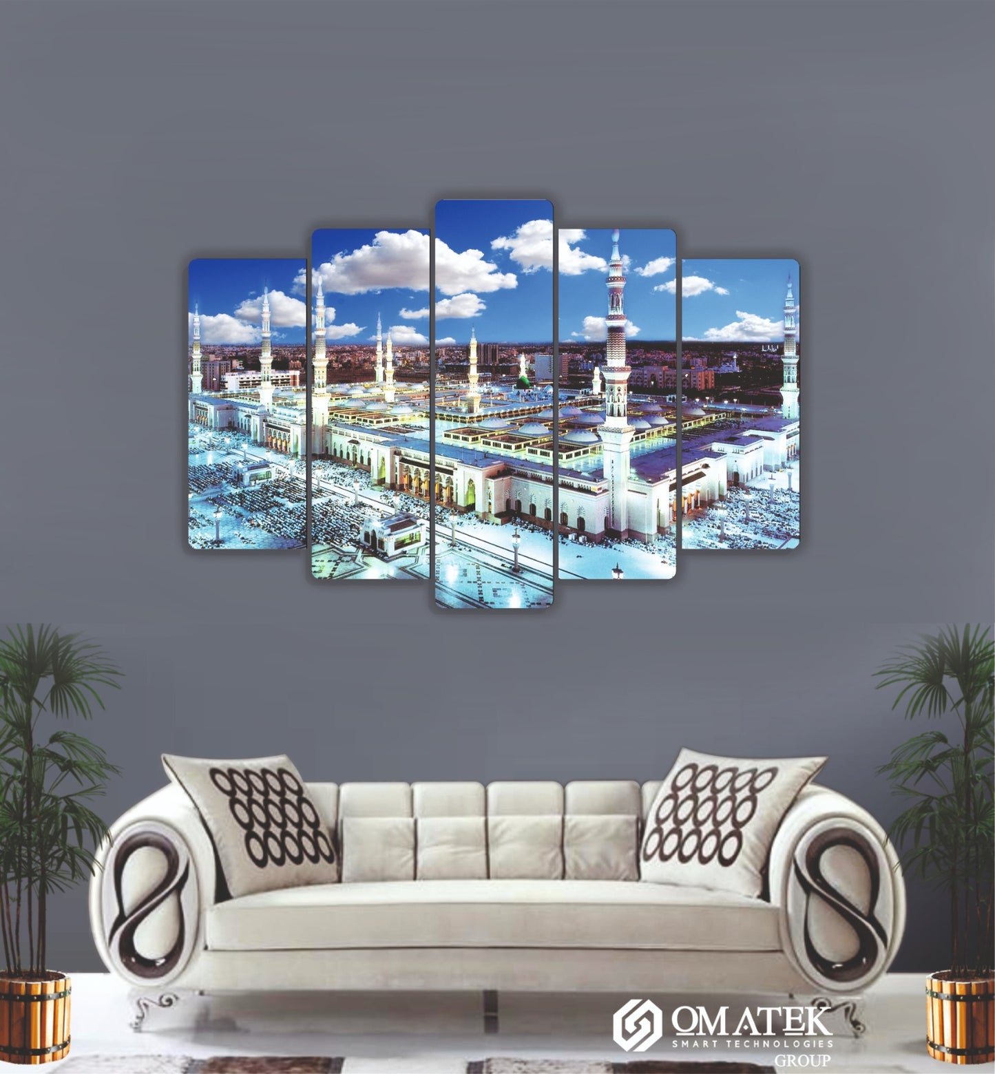 Mescid-i Nebevî Temalı Sanatsal 5 Parçalı MDF Duvar Tablosu (70cm x 100cm)