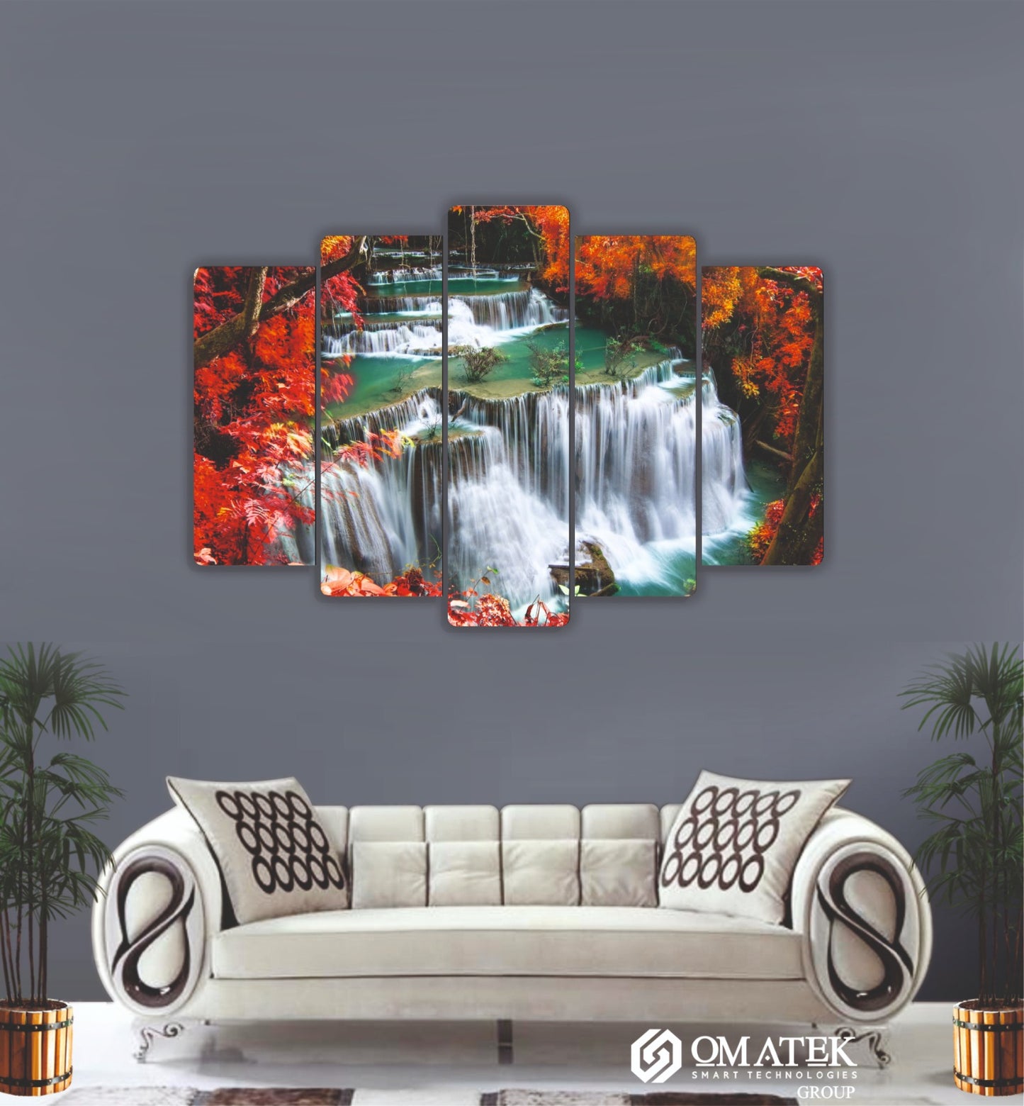 Sonbahar Şelalesi Temalı Sanatsal 5 Parçalı MDF Duvar Tablosu (70cm x 100cm)
