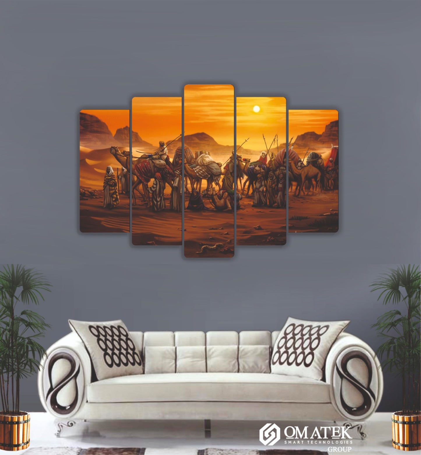 Çöl Kervanı ve Tarihî Yolculuk Temalı Sanatsal 5 Parçalı MDF Duvar Tablosu (70cm x 100cm)