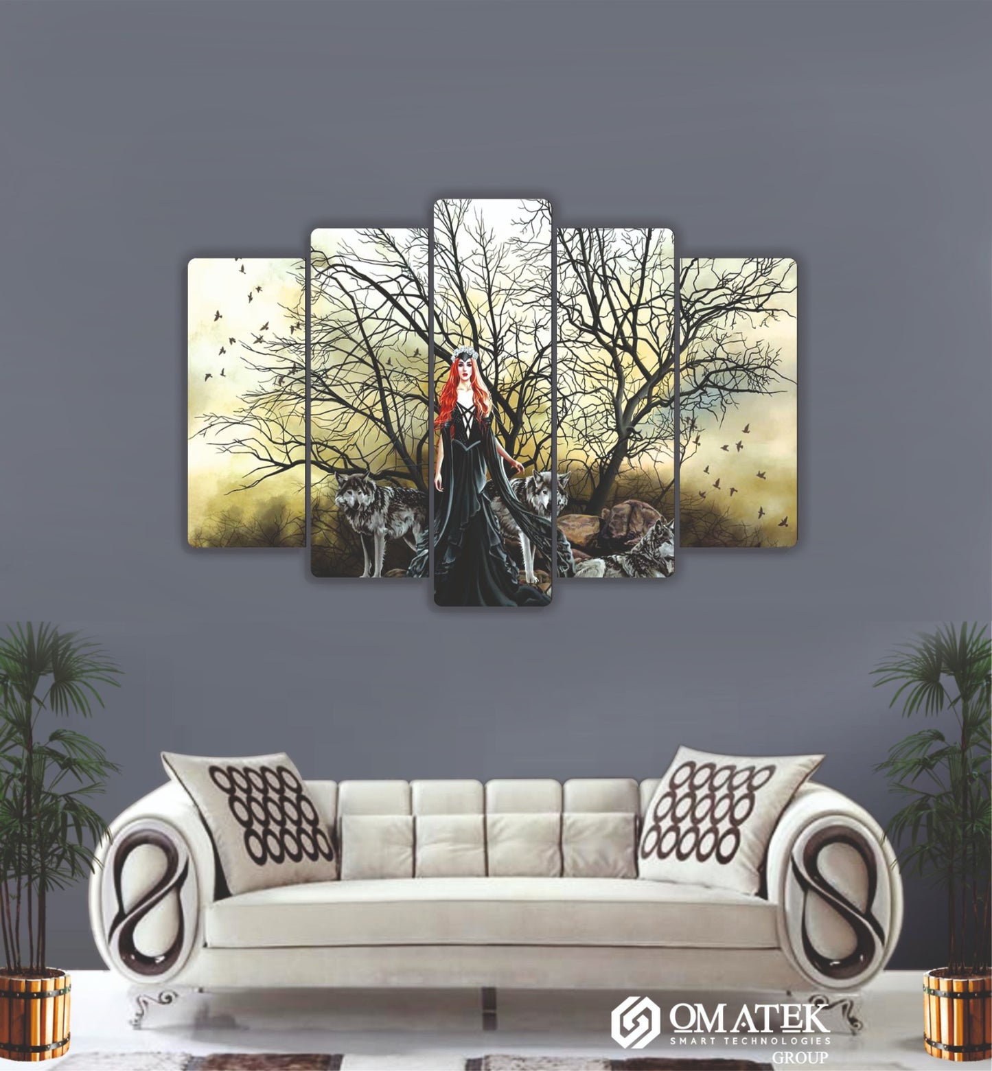 Kurt ve Fantastik Kadın Temalı Sanatsal 5 Parçalı MDF Duvar Tablosu (70cm x 100cm)