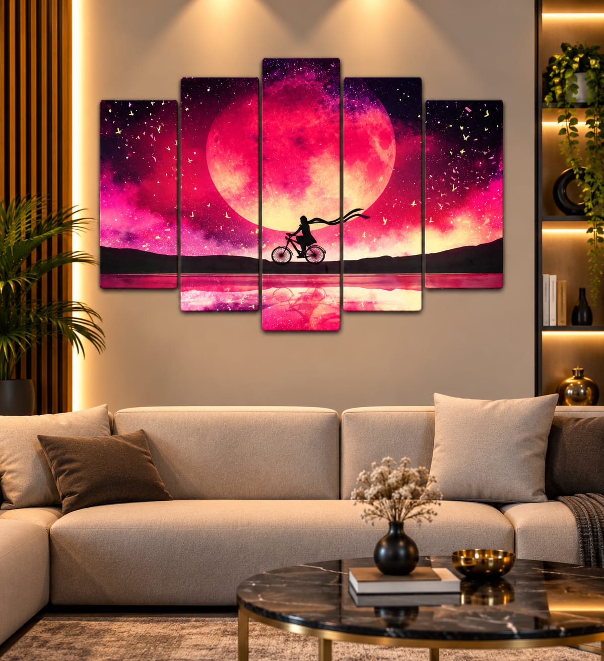 🌙 Pembe Ay Yolculuğu – 5 Parçalı MDF Tablo (70 cm x 100 cm)
