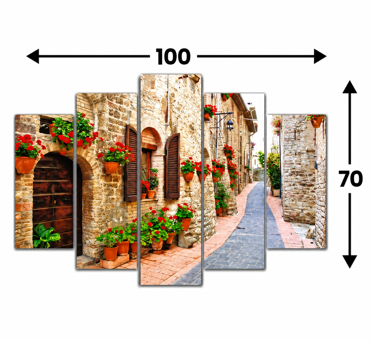 لوحة جدارية من خشب MDF من 5 قطع بتصميم شارع حجري ومدينة البحر الأبيض المتوسط المزهرة (70 سم × 100 سم)