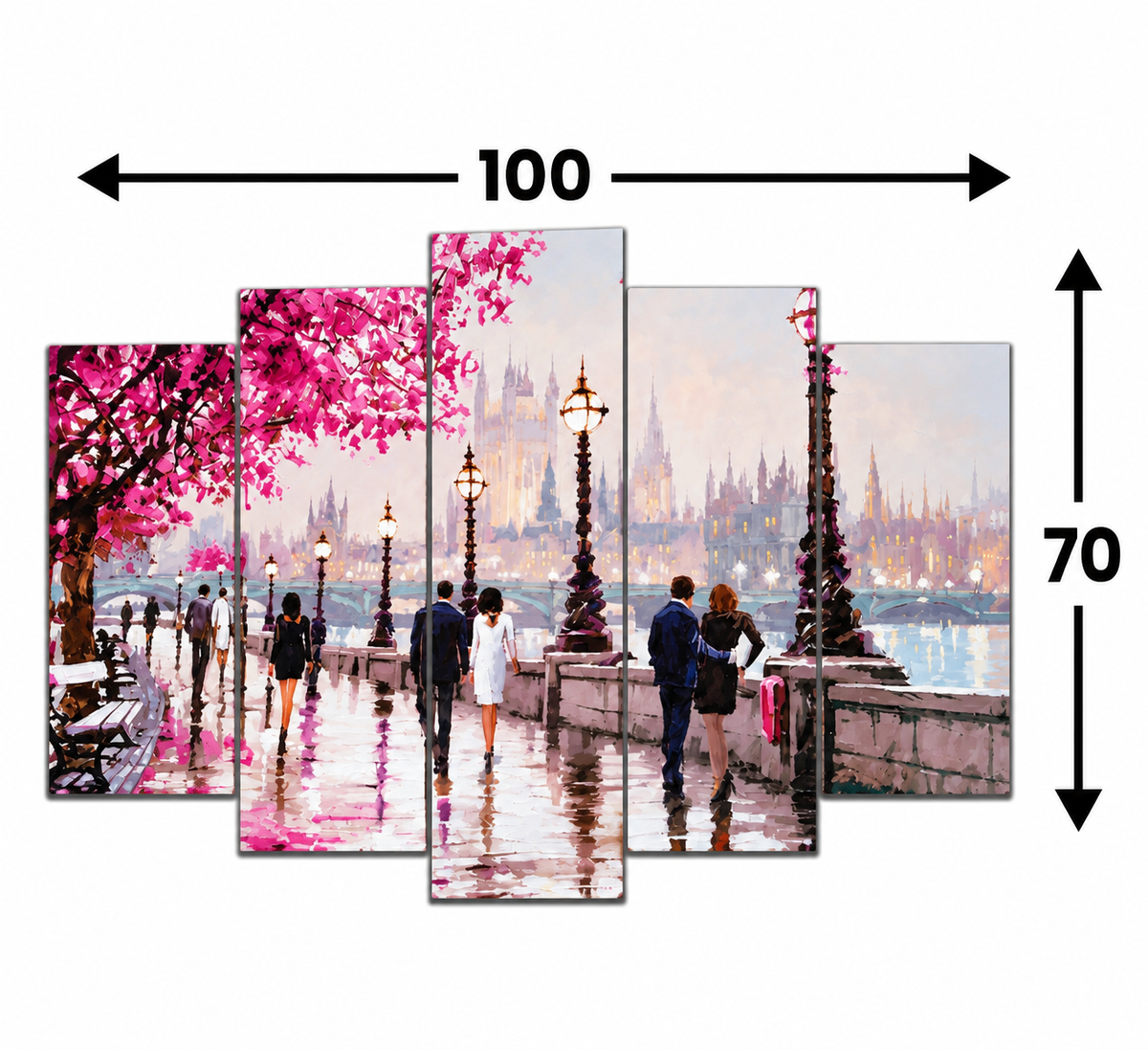 🌸 Romantik Şehir Yürüyüşü – 5 Parçalı MDF Tablo (70 cm x 100 cm)