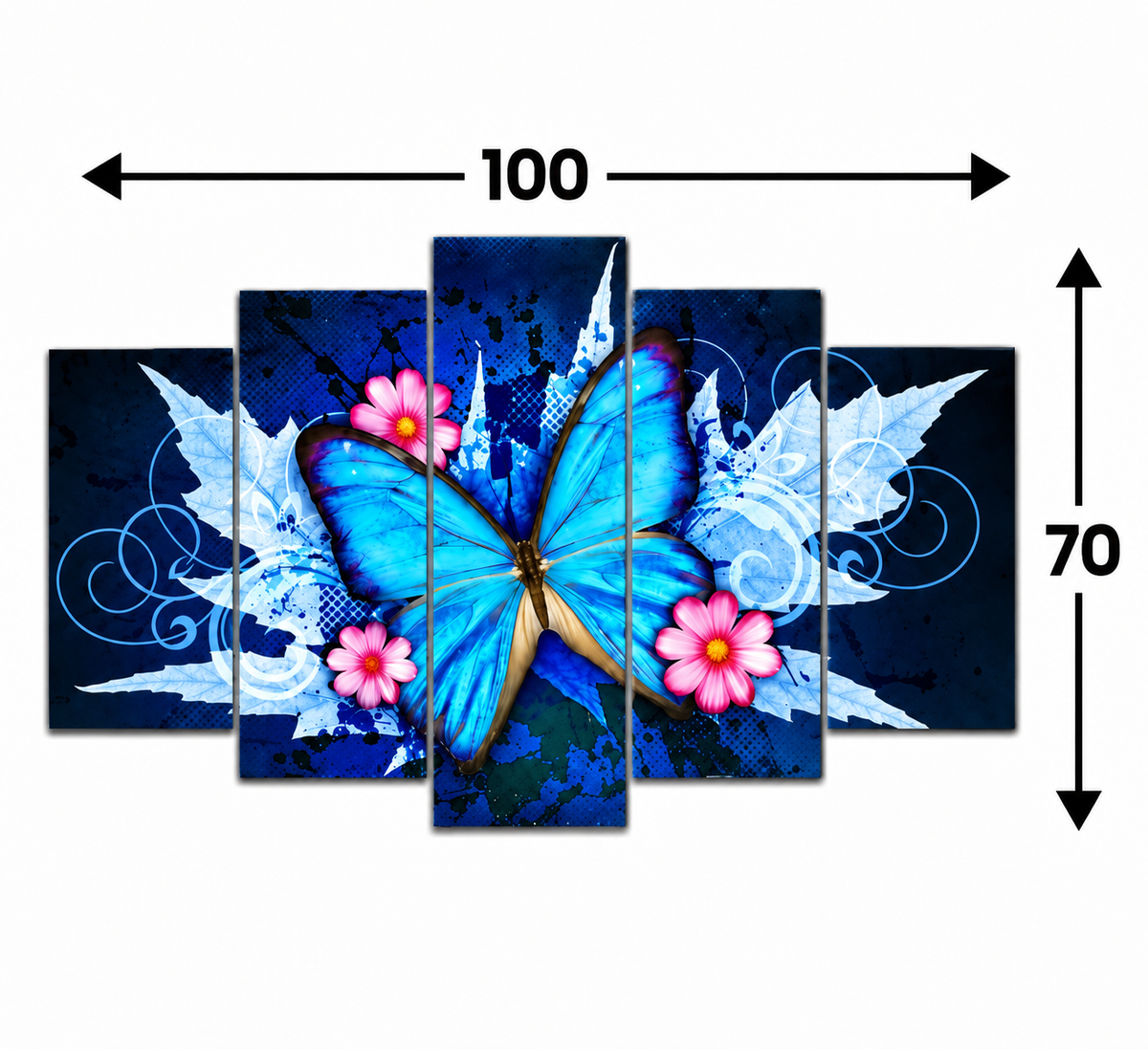 Mavi Kelebek Bahçesi – 5 Parçalı MDF Tablo (70 cm x 100 cm)