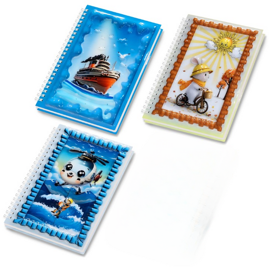 A5 Boyutunda  Parlak Yüzeyli 3 Boyutlu  Spiralli Defter  3'lü Koleksiyon kurtarma helikopteri , deniz gemisi , bisikletli tavşan
