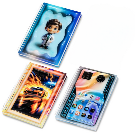 A5 Boyutunda  Parlak Yüzeyli 3 Boyutlu  Spiralli Defter  3'lü Koleksiyon  küçük doktor , akılı telefon ekranı ,  hızlı spor araba