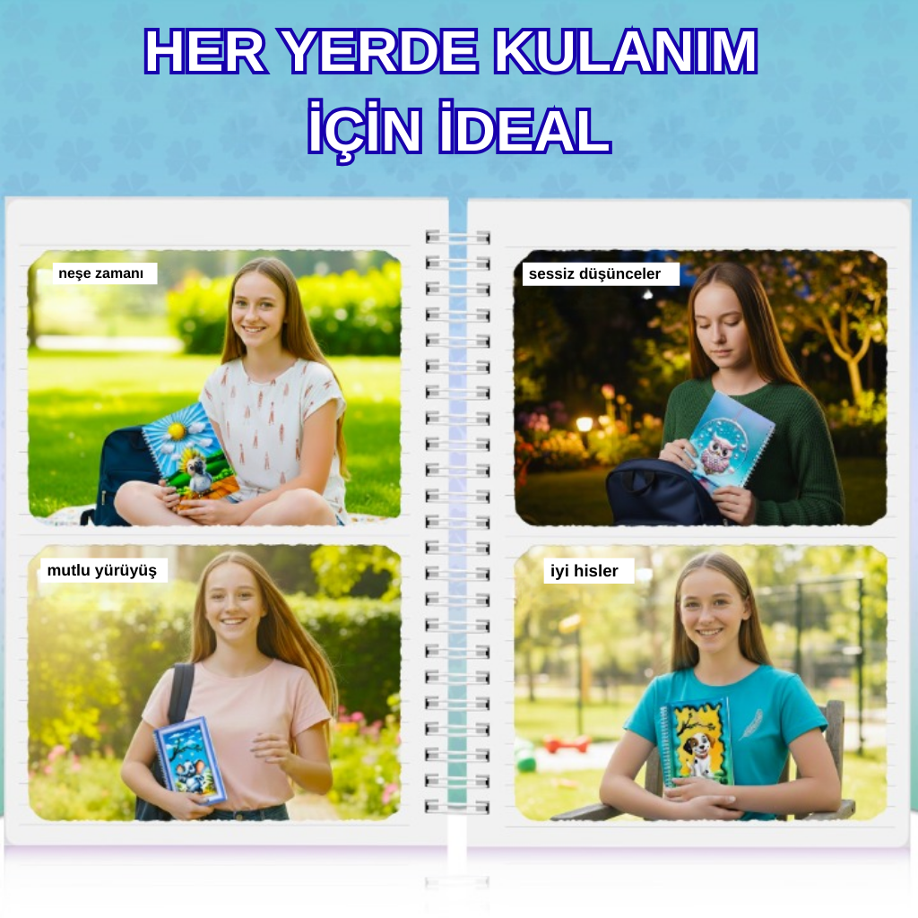 A5 Boyutunda  Parlak Yüzeyli 3 Boyutlu  Spiralli Defter  3'lü Koleksiyon papağa ve güneş , sevimli fiil , baykuşlu su dalgası