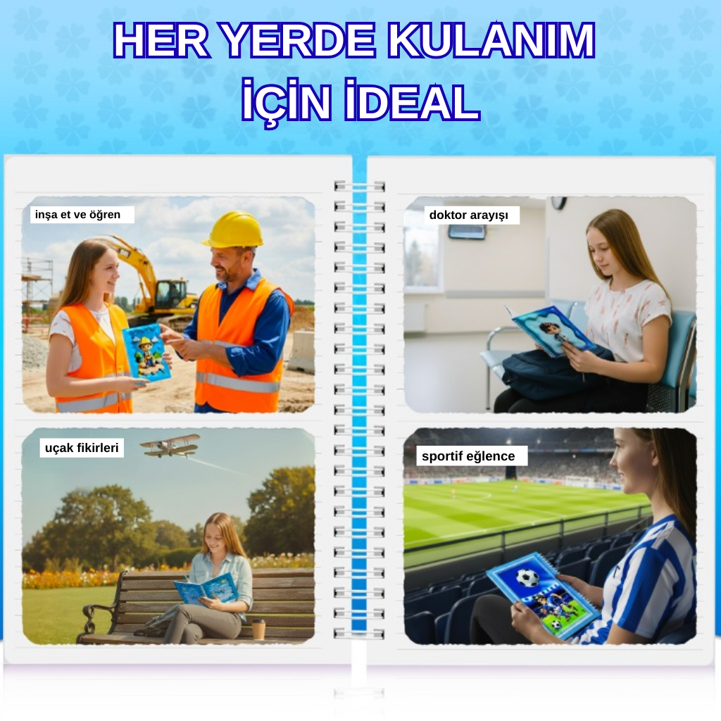 A5 Boyutunda  Parlak Yüzeyli 3 Boyutlu  Spiralli Defter  3'lü Koleksiyon küçük doktor , pilot ve uçak ,  inşaat işçisi