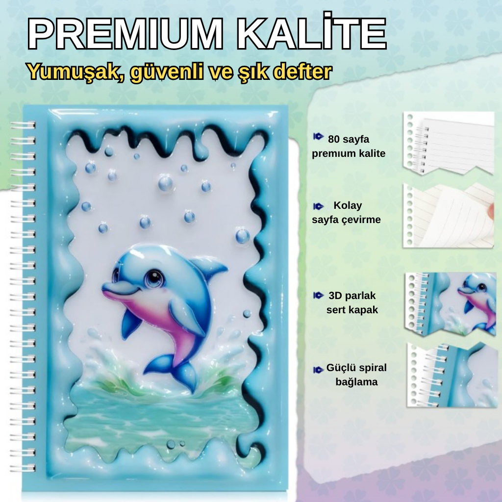 A5 Boyutunda  Parlak Yüzeyli 3 Boyutlu  Spiralli Defter  3'lü Koleksiyon  sevimli tavşan , papağan ve güneş , sevimli dolphin
