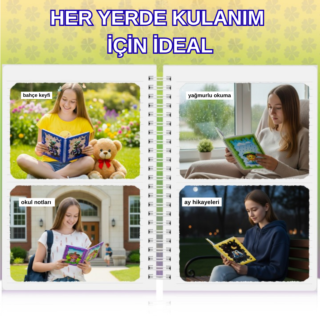 A5 Boyutunda  Parlak Yüzeyli 3 Boyutlu  Spiralli Defter  3'lü Koleksiyon  ay ve hayaletler , güneşli günler bisikletli ayıcık