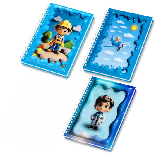 A5 Boyutunda  Parlak Yüzeyli 3 Boyutlu  Spiralli Defter  3'lü Koleksiyon küçük doktor , pilot ve uçak ,  inşaat işçisi