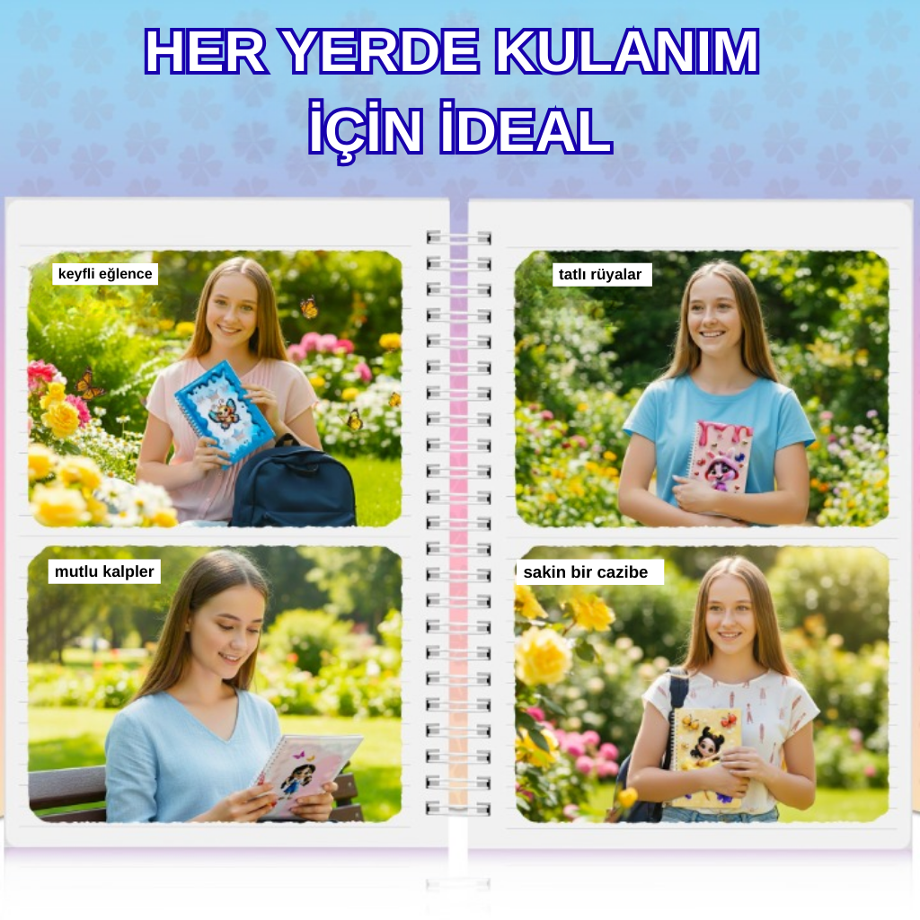 A5 Boyutunda  Parlak Yüzeyli 3 Boyutlu  Spiralli Defter  3'lü Koleksiyon kelebek peri , sarı elbiseli kız , küçük kız ve kelebekler