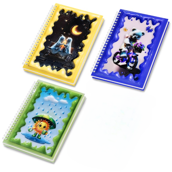 A5 Boyutunda  Parlak Yüzeyli 3 Boyutlu  Spiralli Defter  3'lü Koleksiyon  ay ve hayaletler , güneşli günler bisikletli ayıcık