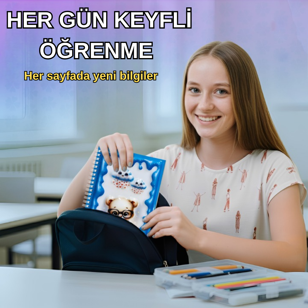 A5 Boyutunda  Parlak Yüzeyli 3 Boyutlu  Spiralli Defter  3'lü Koleksiyon sevimli kaplumbağa , ayıcık ailesi  , kitap okuyan ayıcık