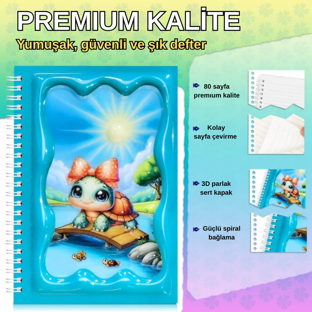 A5 Boyutunda  Parlak Yüzeyli 3 Boyutlu  Spiralli Defter  3'lü Koleksiyon gülen güneş , kitap okuyan salyangoz , pembe balonlu bisiklet