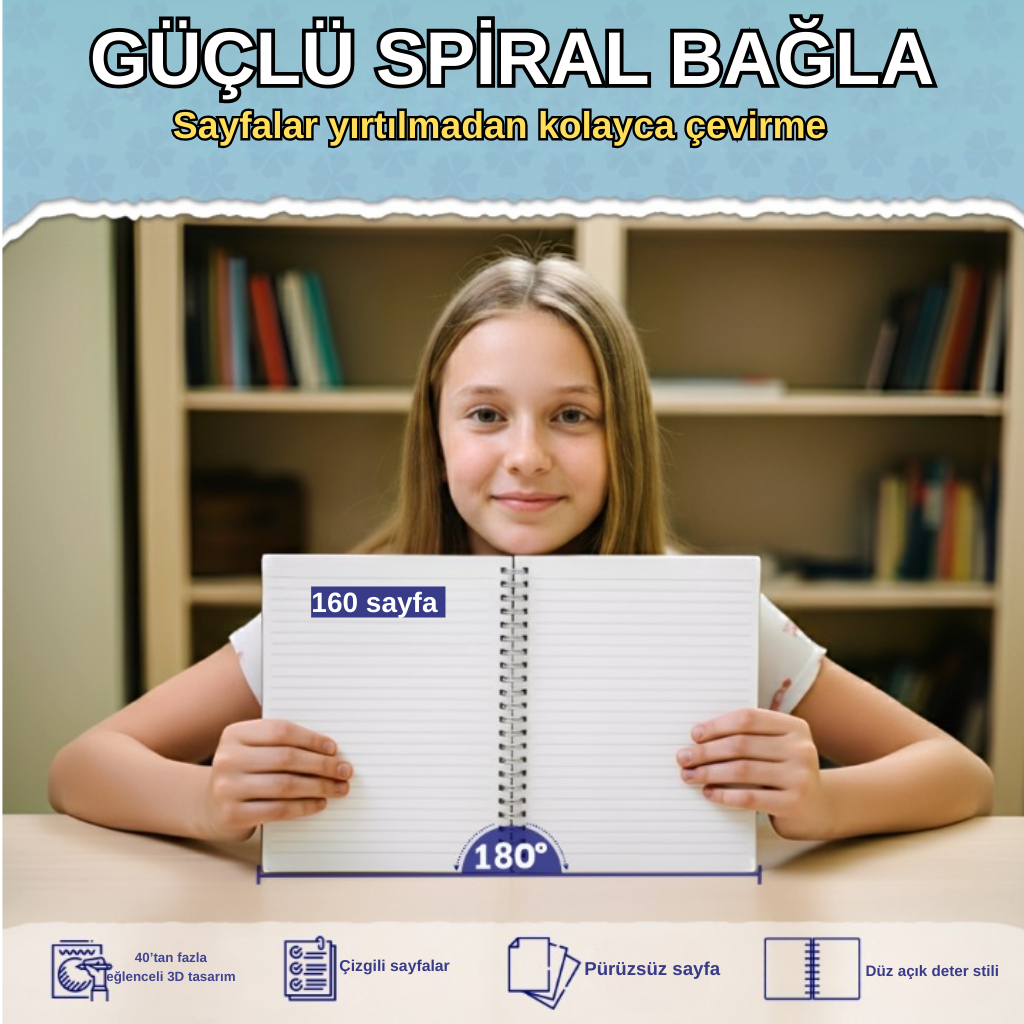 A5 Boyutunda  Parlak Yüzeyli 3 Boyutlu  Spiralli Defter  3'lü Koleksiyon papağa ve güneş , sevimli fiil , baykuşlu su dalgası