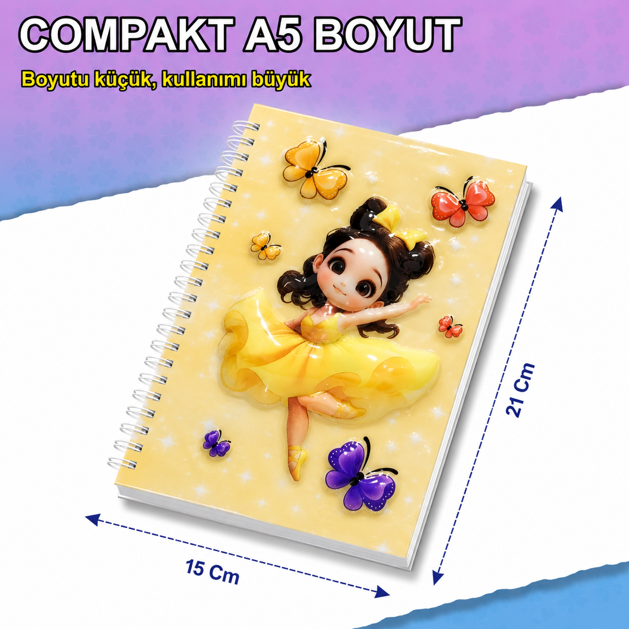 A5 Boyutunda  Parlak Yüzeyli 3 Boyutlu  Spiralli Defter  3'lü Koleksiyon