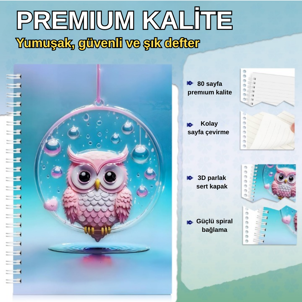 A5 Boyutunda  Parlak Yüzeyli 3 Boyutlu  Spiralli Defter  3'lü Koleksiyon papağa ve güneş , sevimli fiil , baykuşlu su dalgası