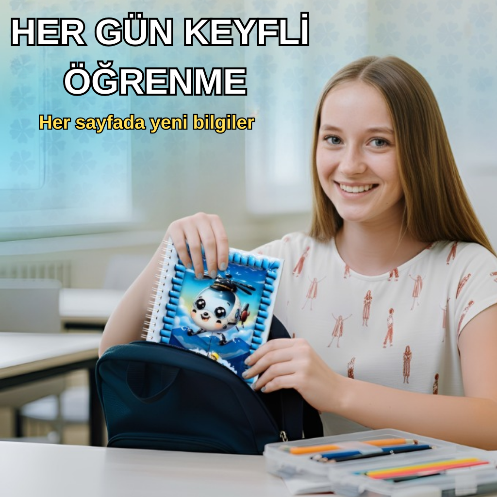A5 Boyutunda  Parlak Yüzeyli 3 Boyutlu  Spiralli Defter  3'lü Koleksiyon kurtarma helikopteri , deniz gemisi , bisikletli tavşan