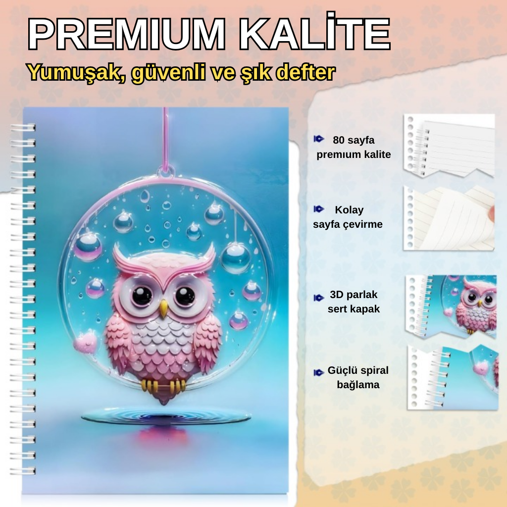 A5 Boyutunda  Parlak Yüzeyli 3 Boyutlu  Spiralli Defter  3'lü Koleksiyon deniz canlıları , baykuşlu su dalgası , sevimli aslan