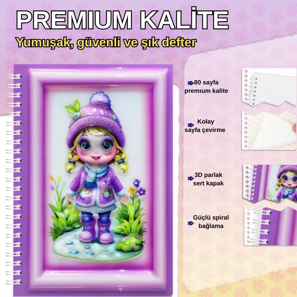 A5 Boyutunda  Parlak Yüzeyli 3 Boyutlu  Spiralli Defter  3'lü Koleksiyon mezuniyet kızı , pere kız , pembe tavşan