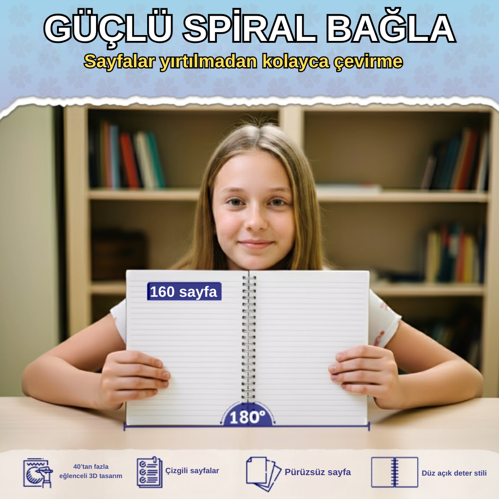 A5 Boyutunda  Parlak Yüzeyli 3 Boyutlu  Spiralli Defter  3'lü Koleksiyon kelebek peri , sarı elbiseli kız , küçük kız ve kelebekler