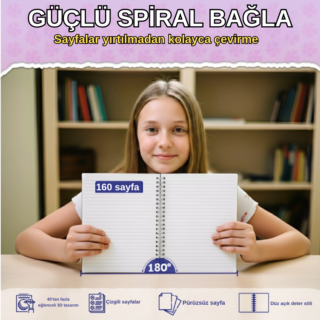 A5 Boyutunda  Parlak Yüzeyli 3 Boyutlu  Spiralli Defter  3'lü Koleksiyon sevimli kaplumbağa , ayıcık ailesi  , kitap okuyan ayıcık