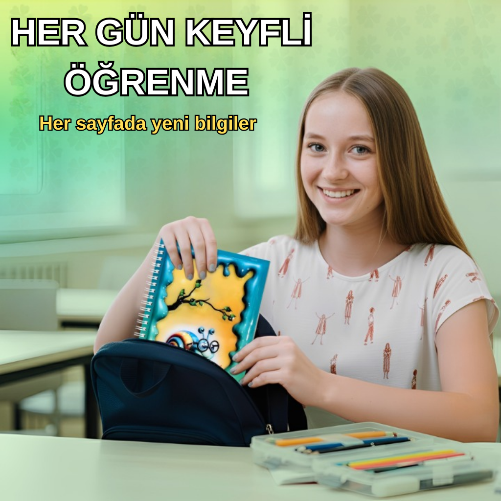 A5 Boyutunda  Parlak Yüzeyli 3 Boyutlu  Spiralli Defter  3'lü Koleksiyon gülen güneş , kitap okuyan salyangoz , pembe balonlu bisiklet