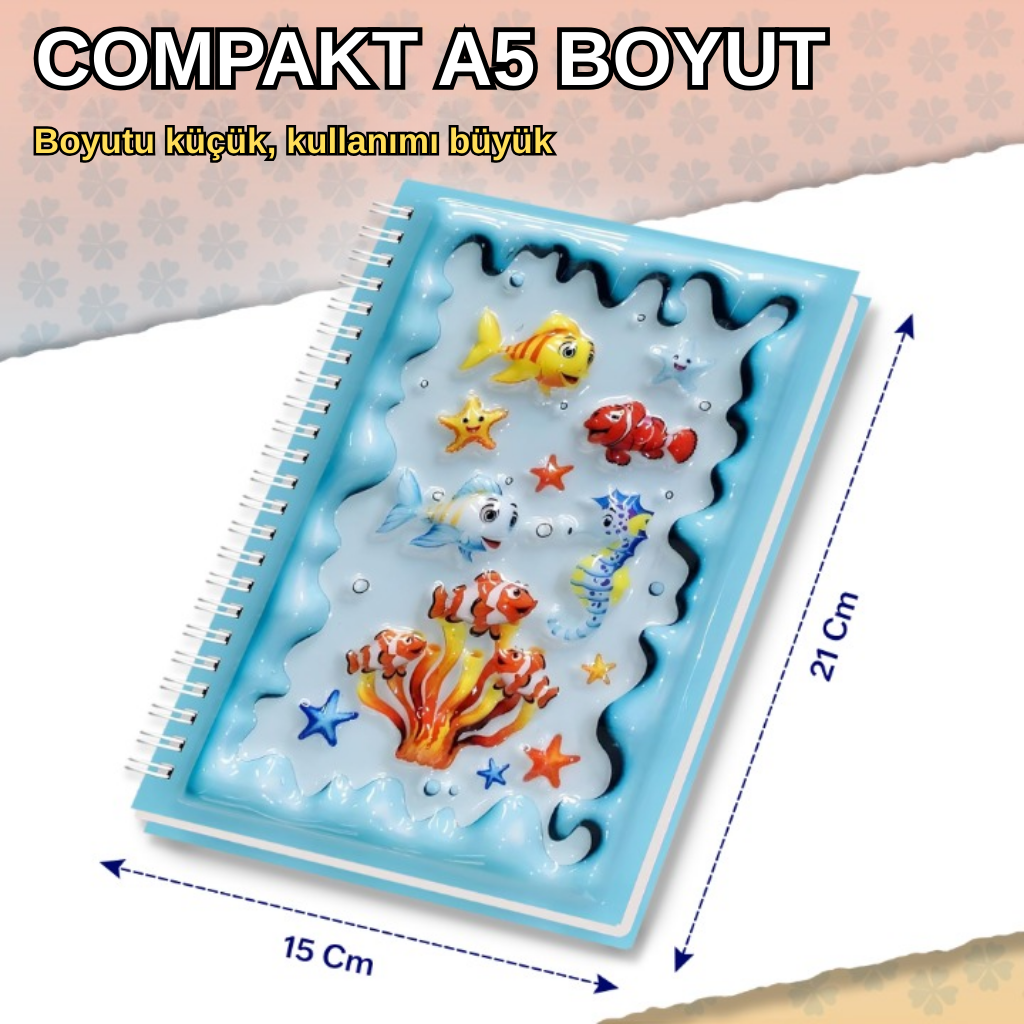 A5 Boyutunda  Parlak Yüzeyli 3 Boyutlu  Spiralli Defter  3'lü Koleksiyon deniz canlıları , baykuşlu su dalgası , sevimli aslan