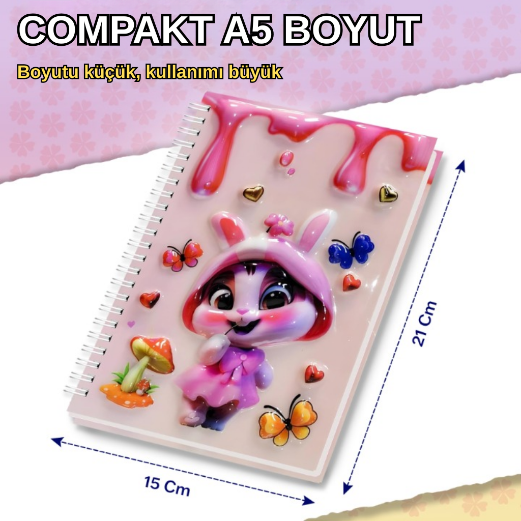 A5 Boyutunda  Parlak Yüzeyli 3 Boyutlu  Spiralli Defter  3'lü Koleksiyon mezuniyet kızı , pere kız , pembe tavşan