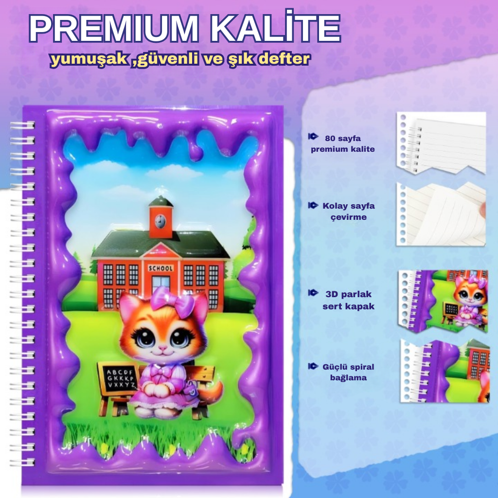 A5 Boyutunda  Parlak Yüzeyli 3 Boyutlu  Spiralli Defter  3'lü Koleksiyon sevimli kaplumbağa , ayıcık ailesi  , kitap okuyan ayıcık