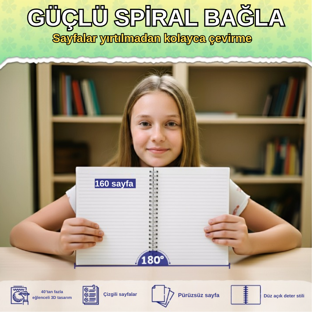 A5 Boyutunda  Parlak Yüzeyli 3 Boyutlu  Spiralli Defter  3'lü Koleksiyon gülen güneş , kitap okuyan salyangoz , pembe balonlu bisiklet