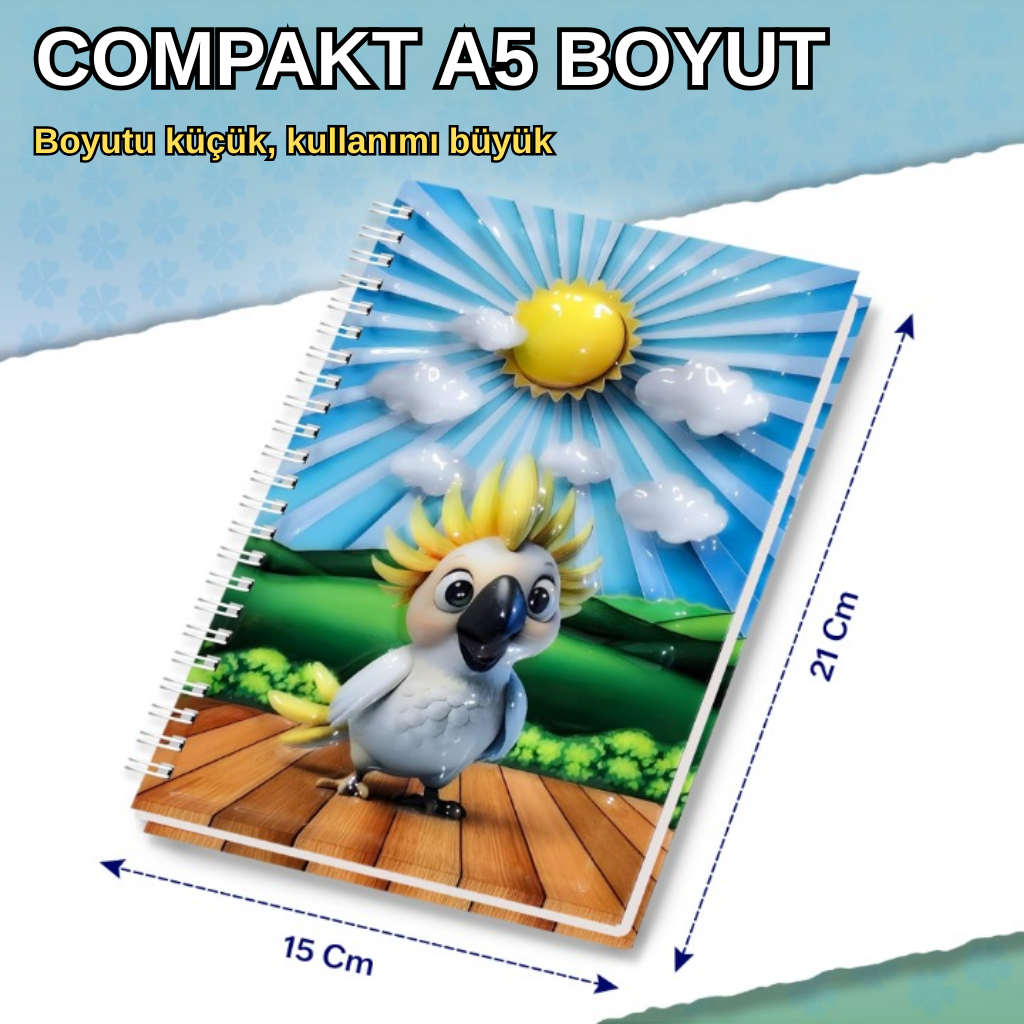 A5 Boyutunda  Parlak Yüzeyli 3 Boyutlu  Spiralli Defter  3'lü Koleksiyon papağa ve güneş , sevimli fiil , baykuşlu su dalgası