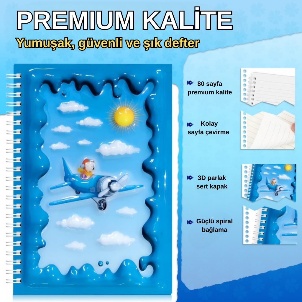 A5 Boyutunda  Parlak Yüzeyli 3 Boyutlu  Spiralli Defter  3'lü Koleksiyon küçük doktor , pilot ve uçak ,  inşaat işçisi