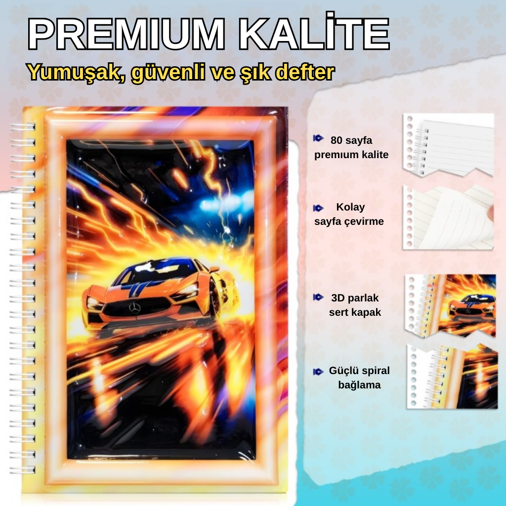 A5 Boyutunda  Parlak Yüzeyli 3 Boyutlu  Spiralli Defter  3'lü Koleksiyon  küçük doktor , akılı telefon ekranı ,  hızlı spor araba