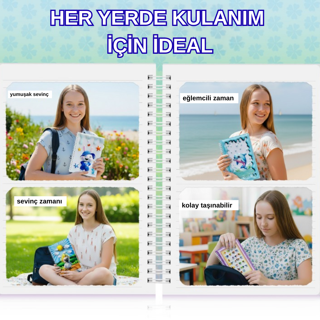 A5 Boyutunda  Parlak Yüzeyli 3 Boyutlu  Spiralli Defter  3'lü Koleksiyon  sevimli tavşan , papağan ve güneş , sevimli dolphin