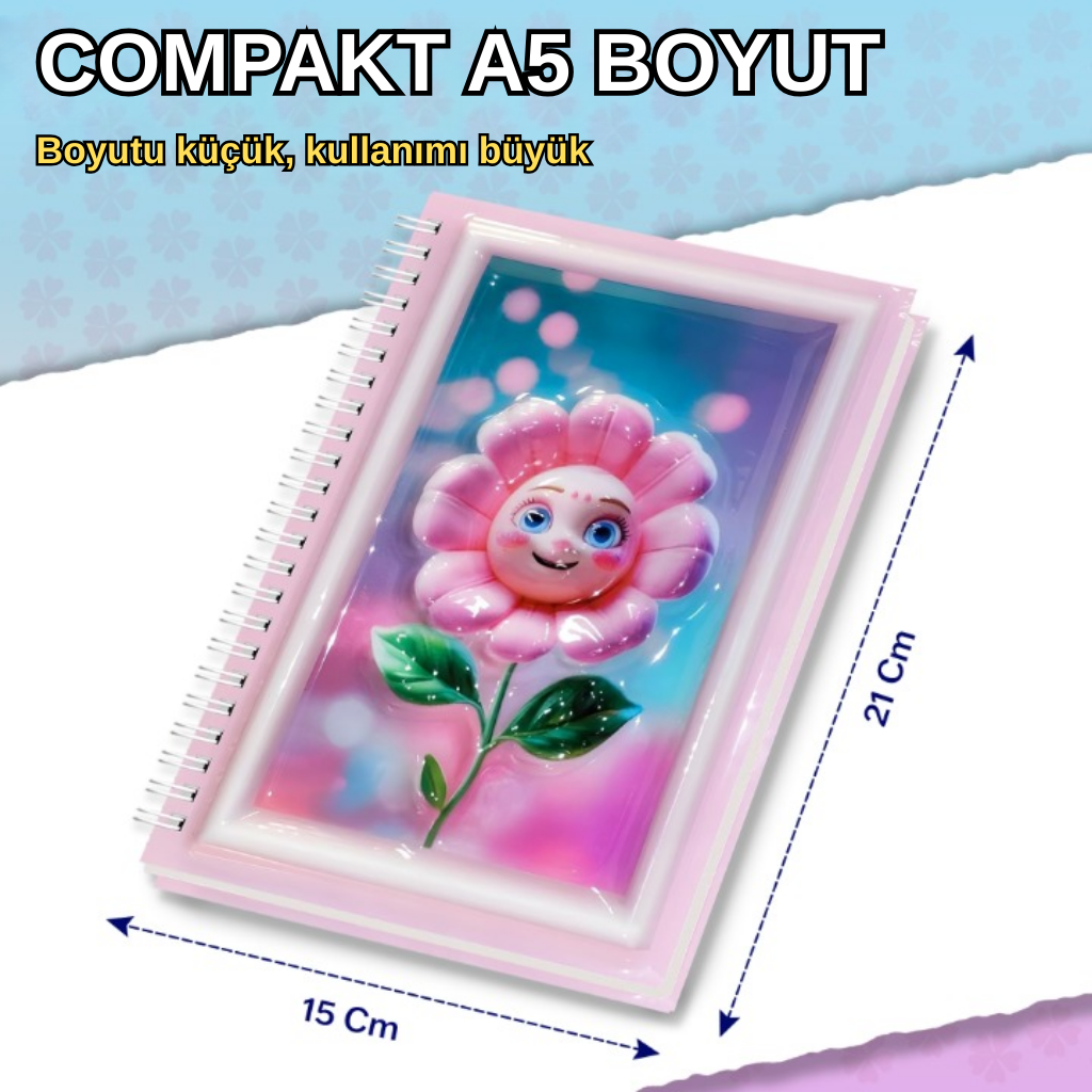 A5 Boyutunda  Parlak Yüzeyli 3 Boyutlu  Spiralli Defter  3'lü Koleksiyon sevimli çift , gülen çiçek , kelebek peri