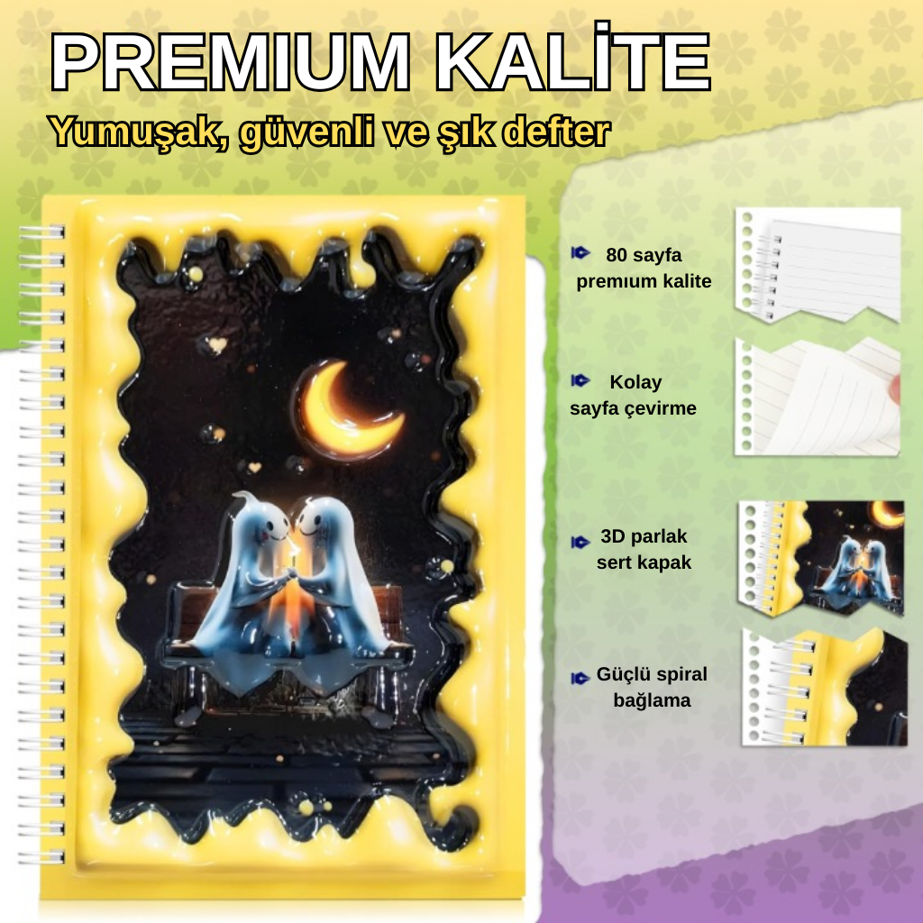 A5 Boyutunda  Parlak Yüzeyli 3 Boyutlu  Spiralli Defter  3'lü Koleksiyon  ay ve hayaletler , güneşli günler bisikletli ayıcık