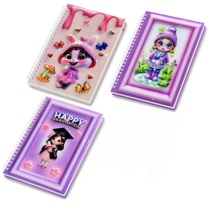 A5 Boyutunda  Parlak Yüzeyli 3 Boyutlu  Spiralli Defter  3'lü Koleksiyon mezuniyet kızı , pere kız , pembe tavşan