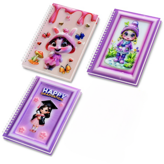 A5 Boyutunda  Parlak Yüzeyli 3 Boyutlu  Spiralli Defter  3'lü Koleksiyon mezuniyet kızı , pere kız , pembe tavşan