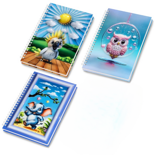 A5 Boyutunda  Parlak Yüzeyli 3 Boyutlu  Spiralli Defter  3'lü Koleksiyon papağa ve güneş , sevimli fiil , baykuşlu su dalgası