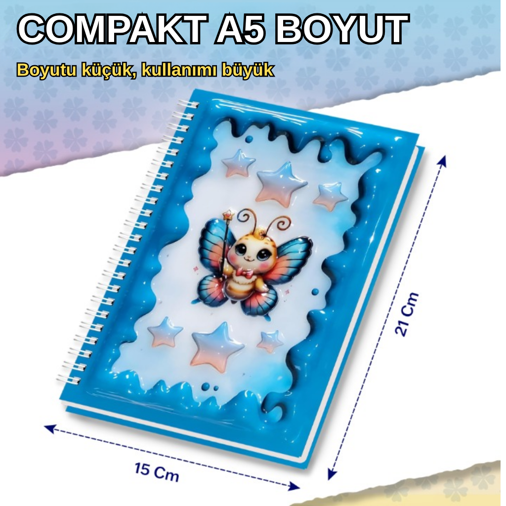 A5 Boyutunda  Parlak Yüzeyli 3 Boyutlu  Spiralli Defter  3'lü Koleksiyon kelebek peri , sarı elbiseli kız , küçük kız ve kelebekler