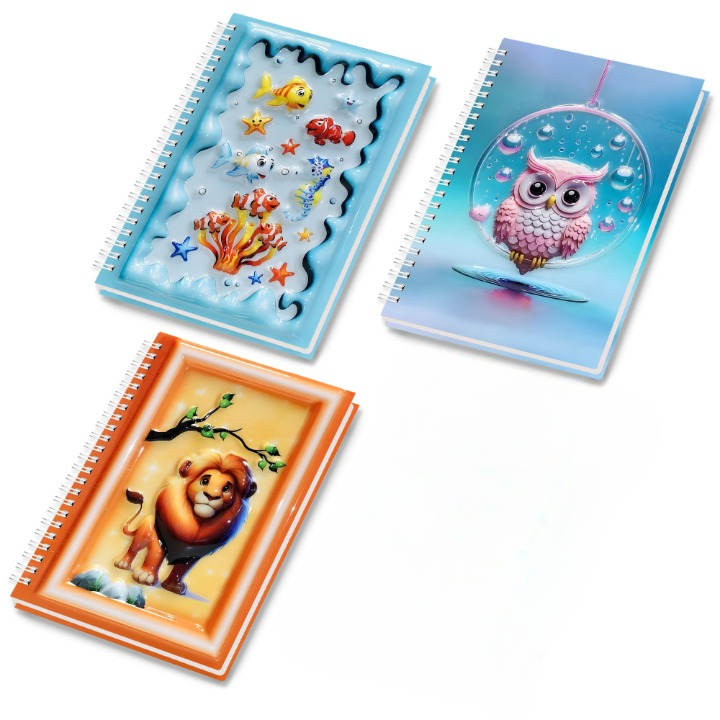 A5 Boyutunda  Parlak Yüzeyli 3 Boyutlu  Spiralli Defter  3'lü Koleksiyon deniz canlıları , baykuşlu su dalgası , sevimli aslan