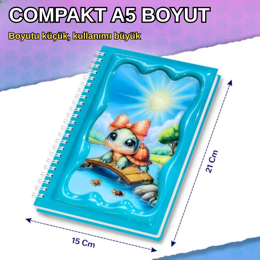A5 Boyutunda  Parlak Yüzeyli 3 Boyutlu  Spiralli Defter  3'lü Koleksiyon sevimli kaplumbağa , ayıcık ailesi  , kitap okuyan ayıcık