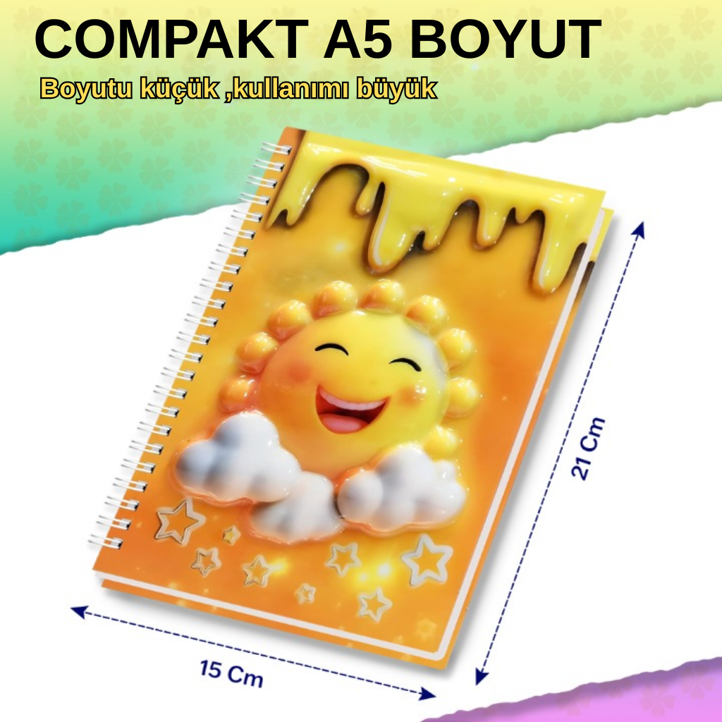 A5 Boyutunda  Parlak Yüzeyli 3 Boyutlu  Spiralli Defter  3'lü Koleksiyon gülen güneş , kitap okuyan salyangoz , pembe balonlu bisiklet