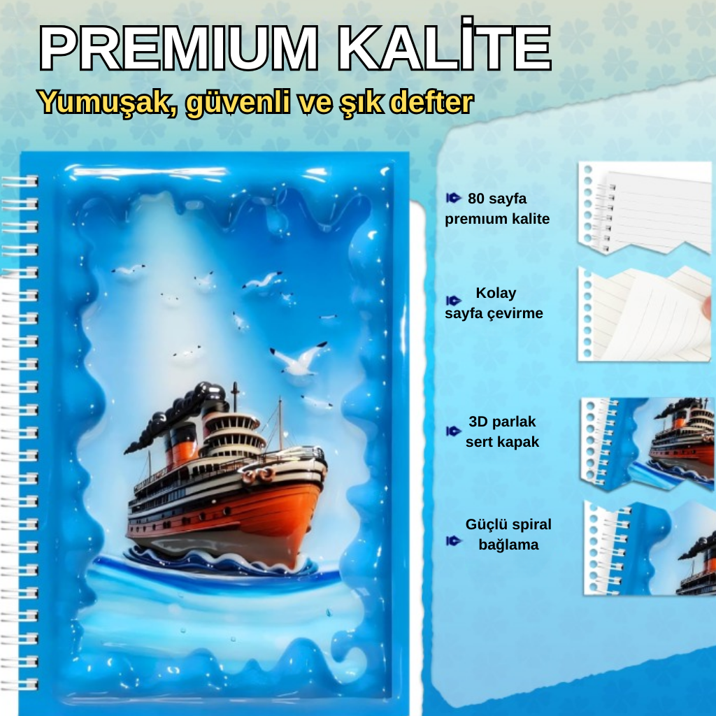 A5 Boyutunda  Parlak Yüzeyli 3 Boyutlu  Spiralli Defter  3'lü Koleksiyon kurtarma helikopteri , deniz gemisi , bisikletli tavşan