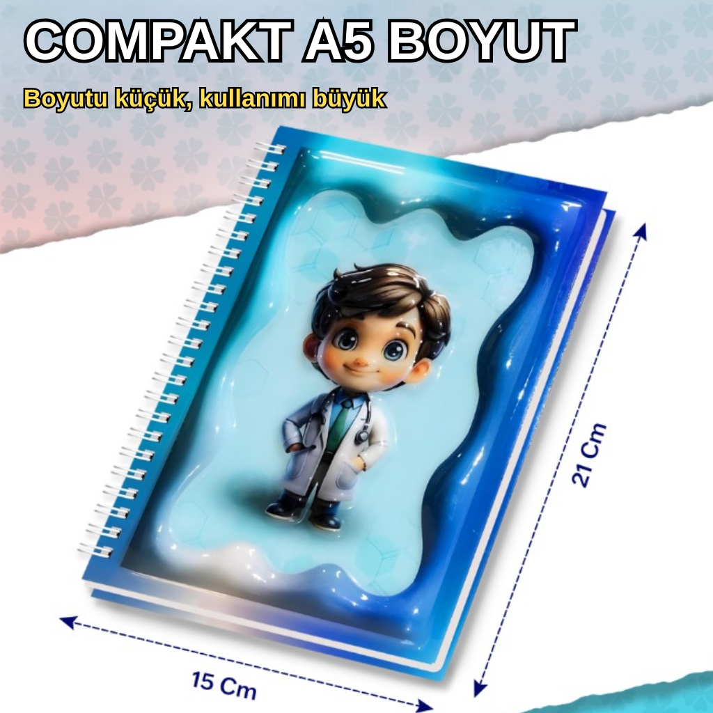A5 Boyutunda  Parlak Yüzeyli 3 Boyutlu  Spiralli Defter  3'lü Koleksiyon  küçük doktor , akılı telefon ekranı ,  hızlı spor araba