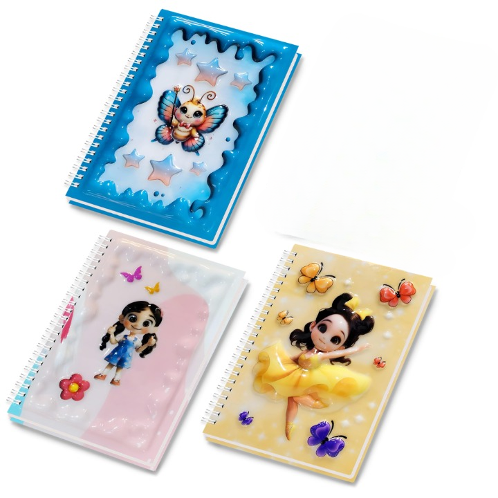 A5 Boyutunda  Parlak Yüzeyli 3 Boyutlu  Spiralli Defter  3'lü Koleksiyon kelebek peri , sarı elbiseli kız , küçük kız ve kelebekler